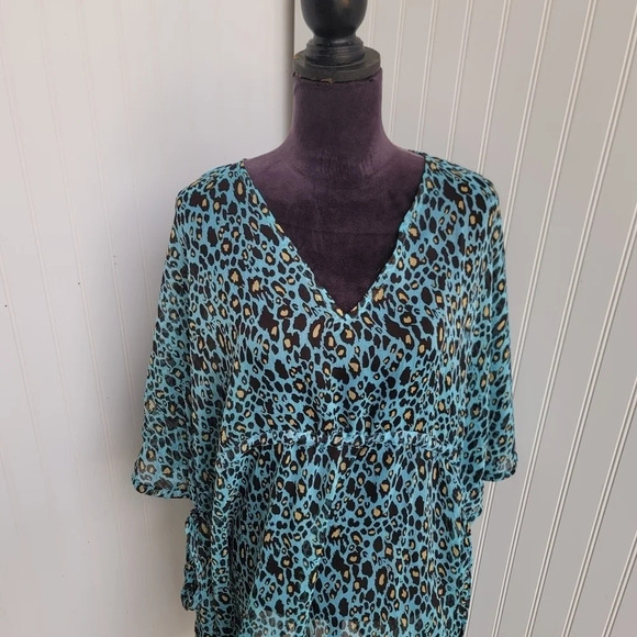 Mud Pie Womens Blue Green Brown Yellow Leopard V-Neck Swim Cover Up Tie L/ XL - Picture 13 of 14